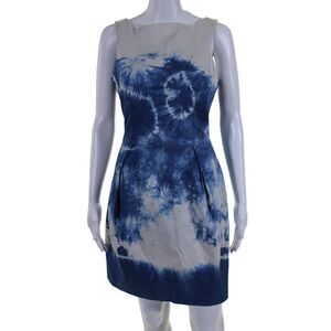 Cue Womens Back Zip Sleeveless Square Neck Tie Dyed Dress Blue White Size 10